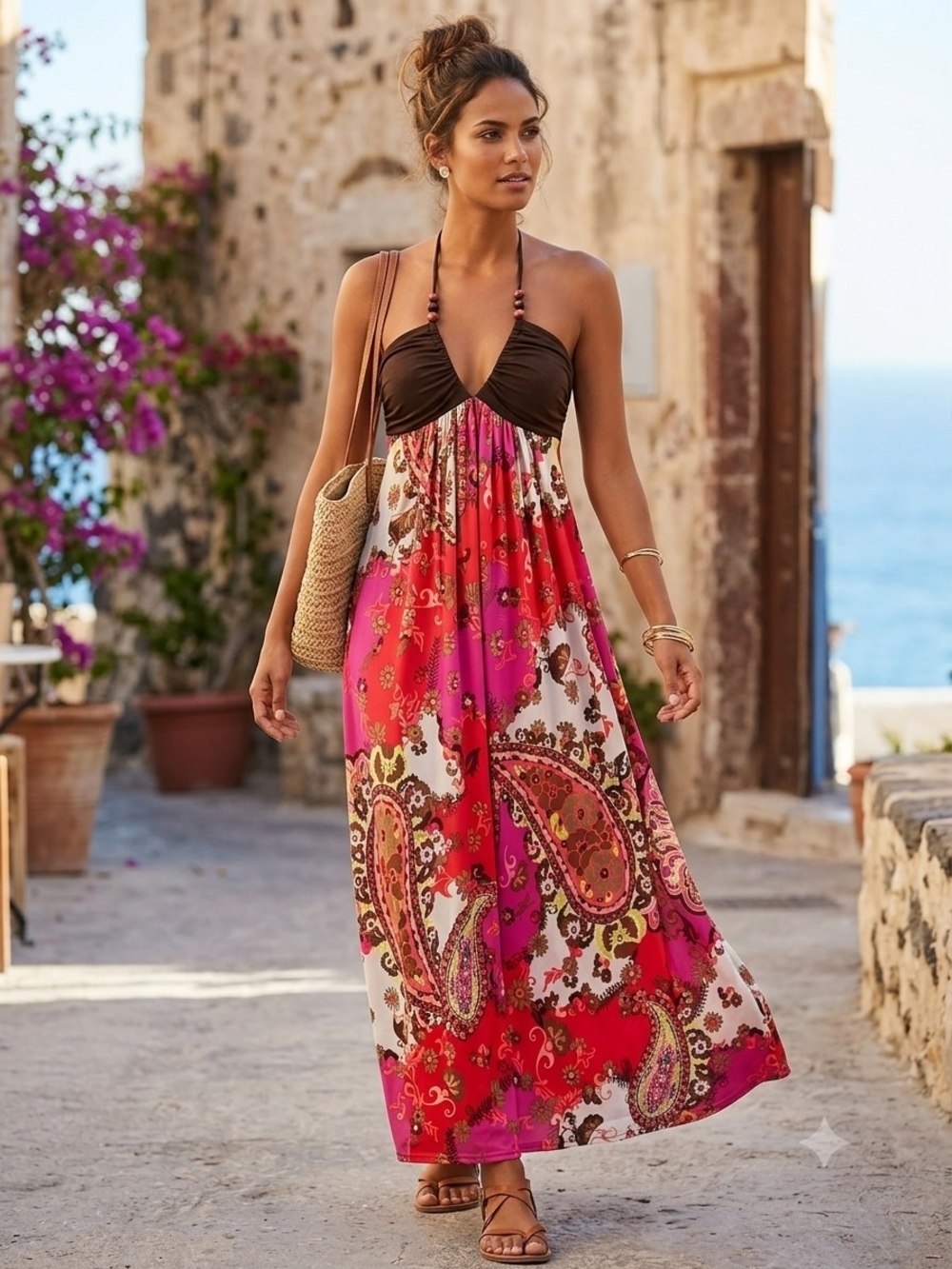 City Triangles Bohemian Brown Bust W/Pink & Red Paisley Maxi Dress WD 53